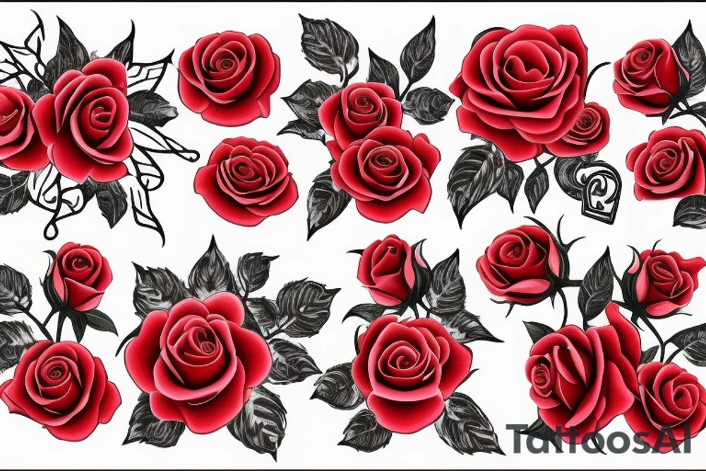 Red roses with ancient symbols tattoo idea