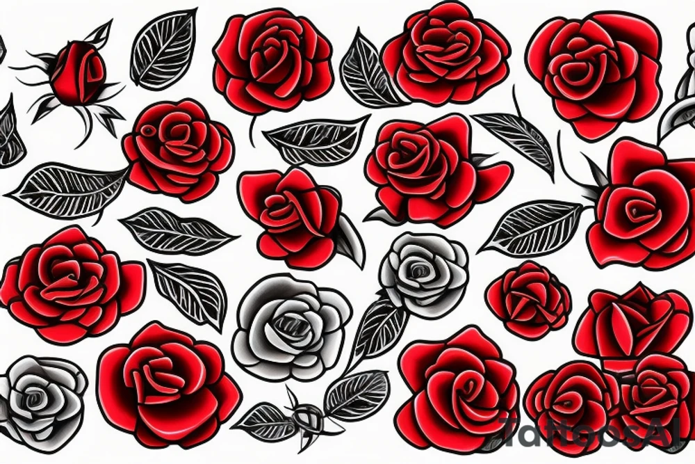 Red roses with ancient symbols tattoo idea
