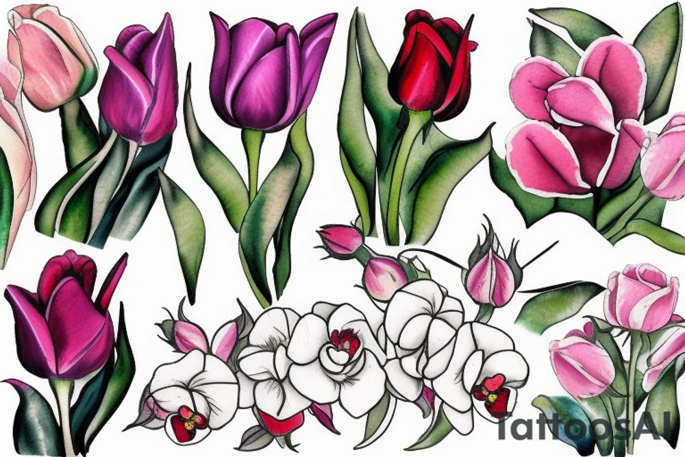 Roses tulips and orchids tattoo idea