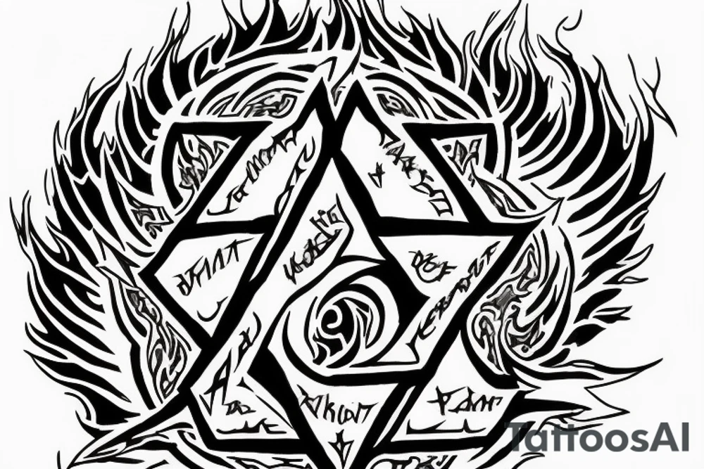 A flame from demon slayer, underneath it the text "set your heart ablaze", underneath that the text "light it up" with half of an 8-pointed star from Crescent City tattoo idea