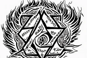 A flame from demon slayer, underneath it the text "set your heart ablaze", underneath that the text "light it up" with half of an 8-pointed star from Crescent City tattoo idea