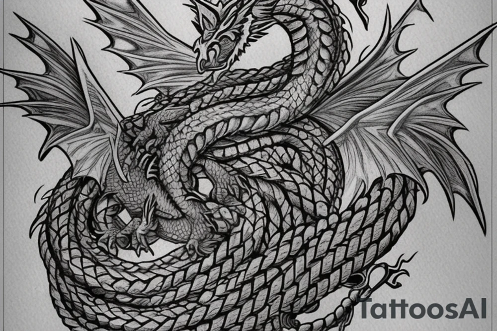 Western-style dragon with wings and Norse rope scales. the position of dragon is laying down sleeping. this will go on a female forearm. tattoo idea