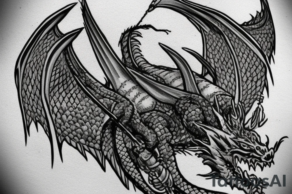 Western-style dragon with wings and Norse rope scales. the position of dragon is laying down sleeping. this will go on a female forearm. tattoo idea