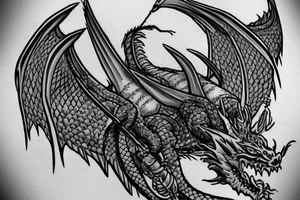 Western-style dragon with wings and Norse rope scales. the position of dragon is laying down sleeping. this will go on a female forearm. tattoo idea