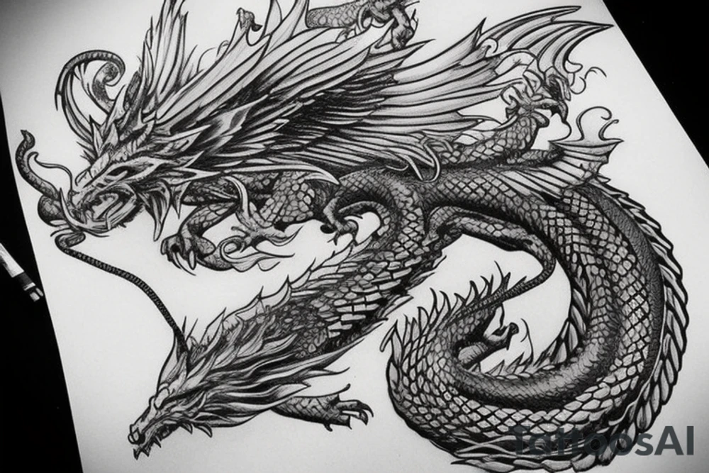 Western-style dragon with wings and Norse rope scales. the position of dragon is laying down sleeping. this will go on a female forearm. tattoo idea