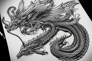 Western-style dragon with wings and Norse rope scales. the position of dragon is laying down sleeping. this will go on a female forearm. tattoo idea