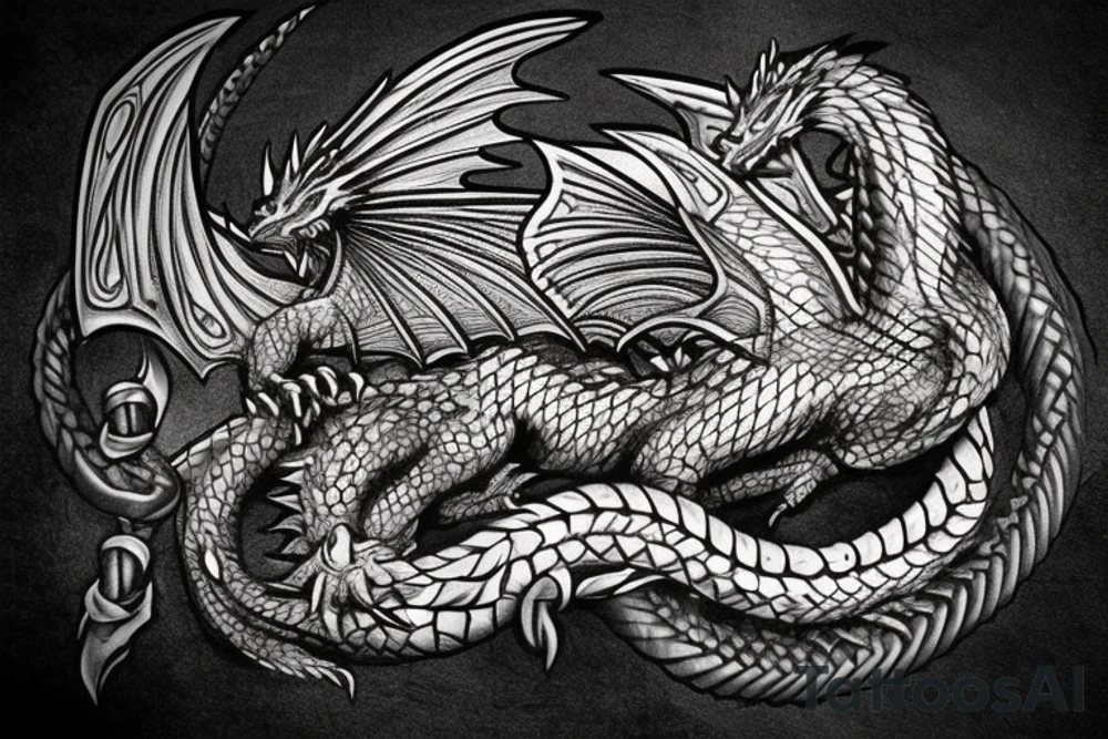 Western-style dragon with wings and Norse rope scales. the position of dragon is laying down sleeping. this will go on a female forearm. tattoo idea