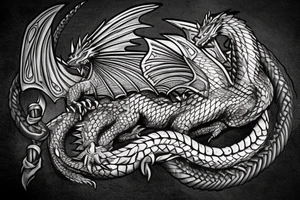 Western-style dragon with wings and Norse rope scales. the position of dragon is laying down sleeping. this will go on a female forearm. tattoo idea