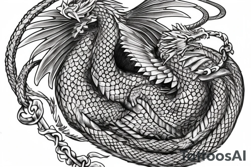 Western-style dragon with wings and Norse rope scales. the position of dragon is laying down sleeping. this will go on a female forearm. tattoo idea
