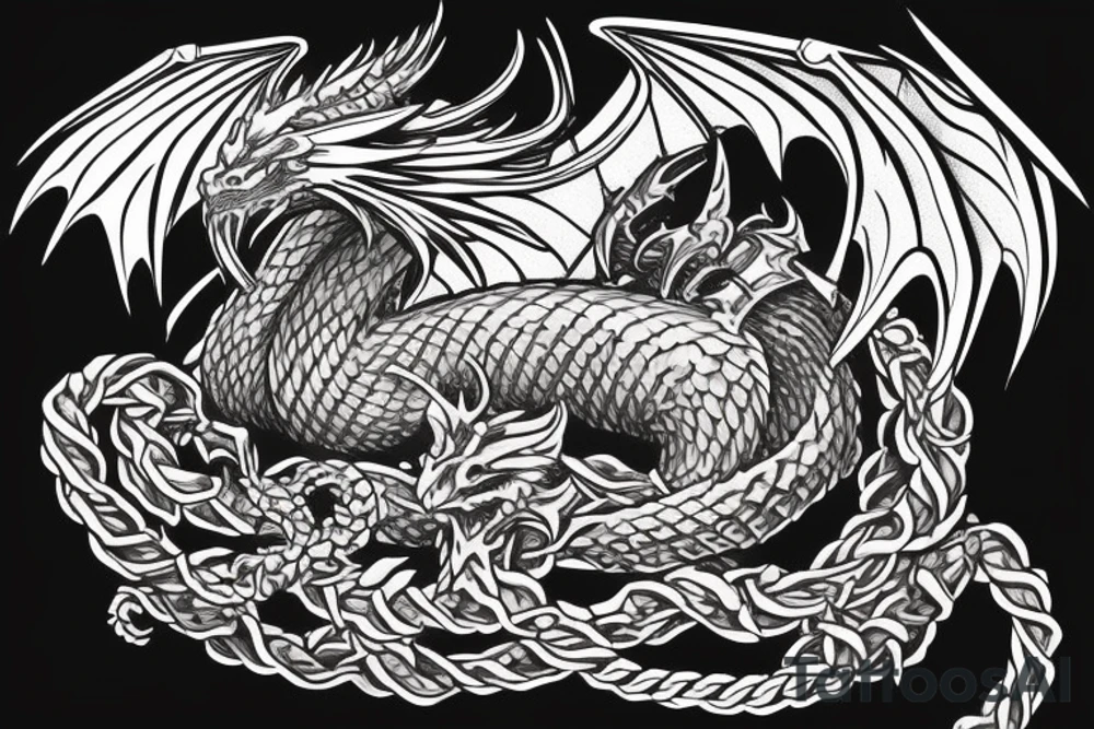 Western-style dragon with wings and Norse rope scales. dragon is laying down sleeping. tattoo idea