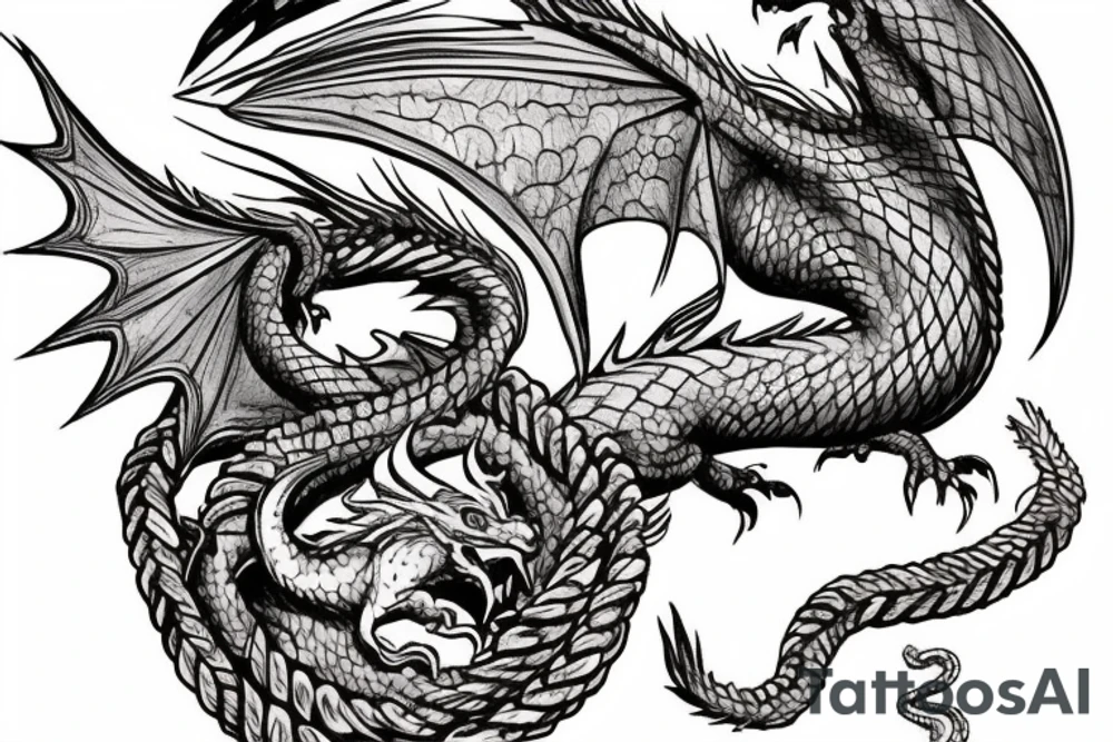 Western-style dragon with wings and Norse rope scales. dragon is laying down sleeping. tattoo idea