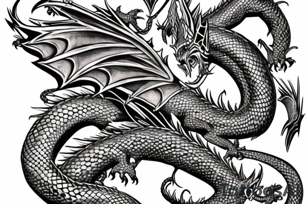 Western-style draco dragon with wings and Norse rope scales. dragon is laying down sleeping. tattoo idea