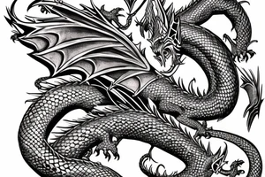 Western-style draco dragon with wings and Norse rope scales. dragon is laying down sleeping. tattoo idea