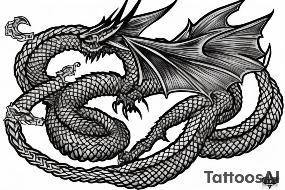Western-style draco dragon with wings and Norse rope scales. dragon is laying down sleeping. tattoo idea