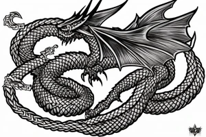 Western-style draco dragon with wings and Norse rope scales. dragon is laying down sleeping. tattoo idea