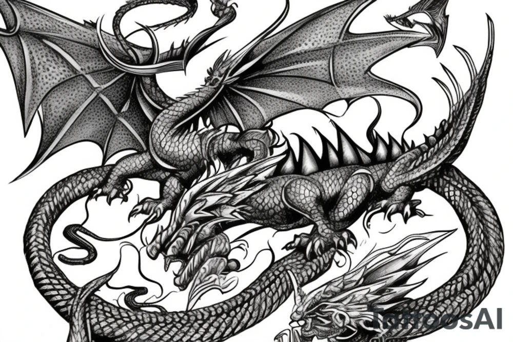 Western-style movie draco dragon with wings and Norse rope scales. dragon is laying down sleeping. tattoo idea