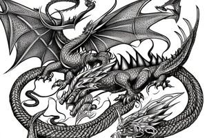 Western-style movie draco dragon with wings and Norse rope scales. dragon is laying down sleeping. tattoo idea