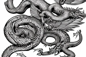 Western-style movie draco dragon with wings and Norse rope scales. dragon is laying down sleeping. tattoo idea
