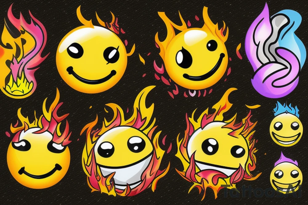 yellow smiley face melting in colorful fire tattoo idea