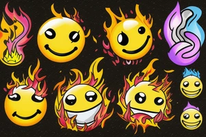 yellow smiley face melting in colorful fire tattoo idea