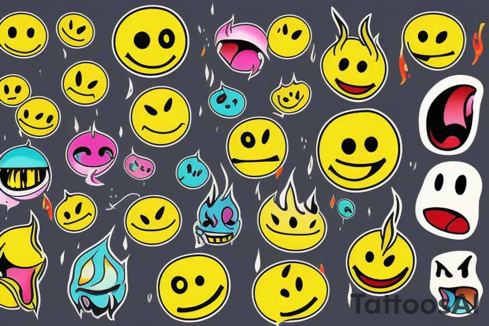 yellow smiley face melting in colorful fire tattoo idea
