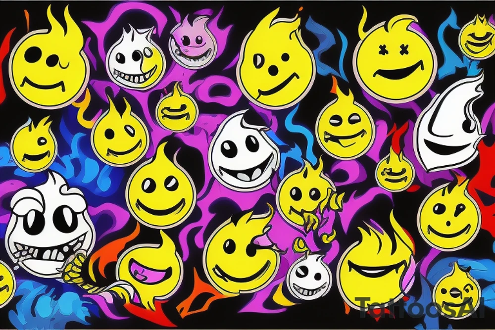 yellow smiley face melting in colorful fire tattoo idea