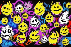 yellow smiley face melting in colorful fire tattoo idea