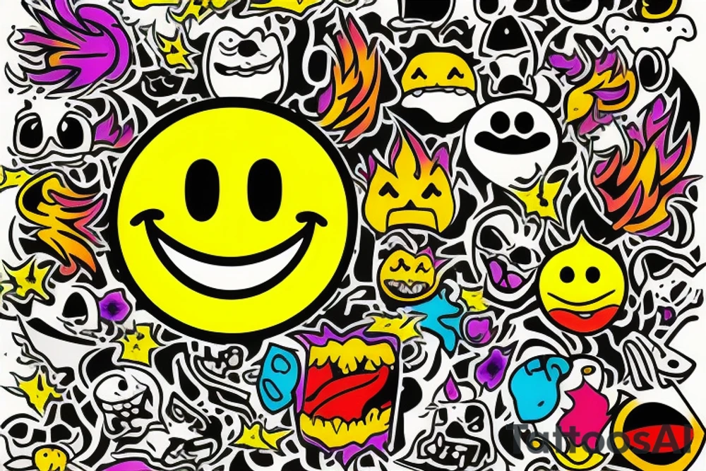yellow smiley face melting in colorful fire tattoo idea