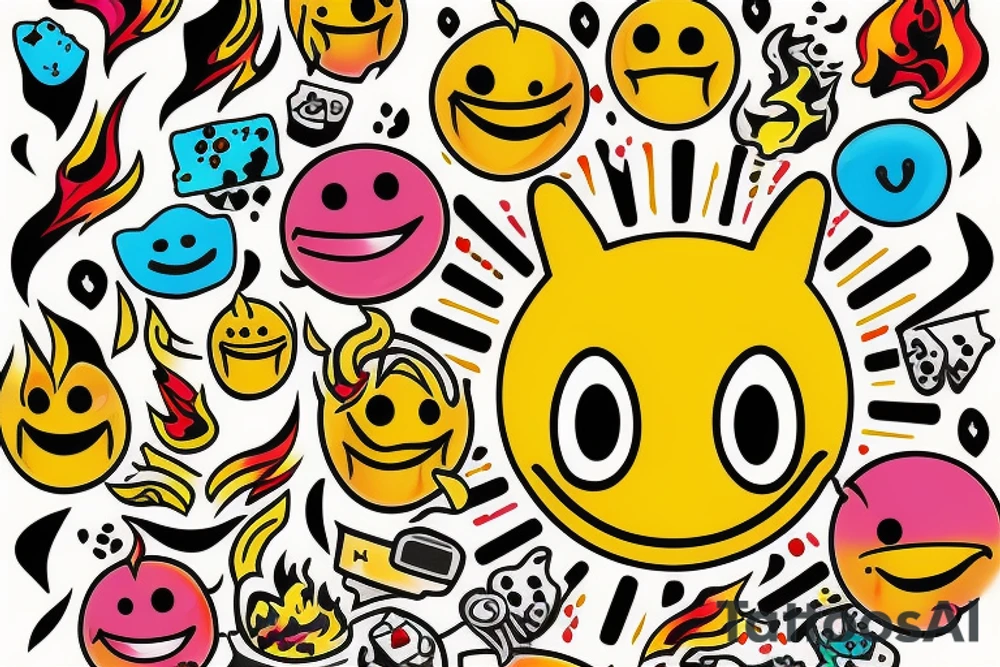 yellow smiley face melting in colorful fire tattoo idea