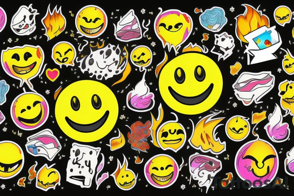 yellow smiley face melting in colorful fire tattoo idea