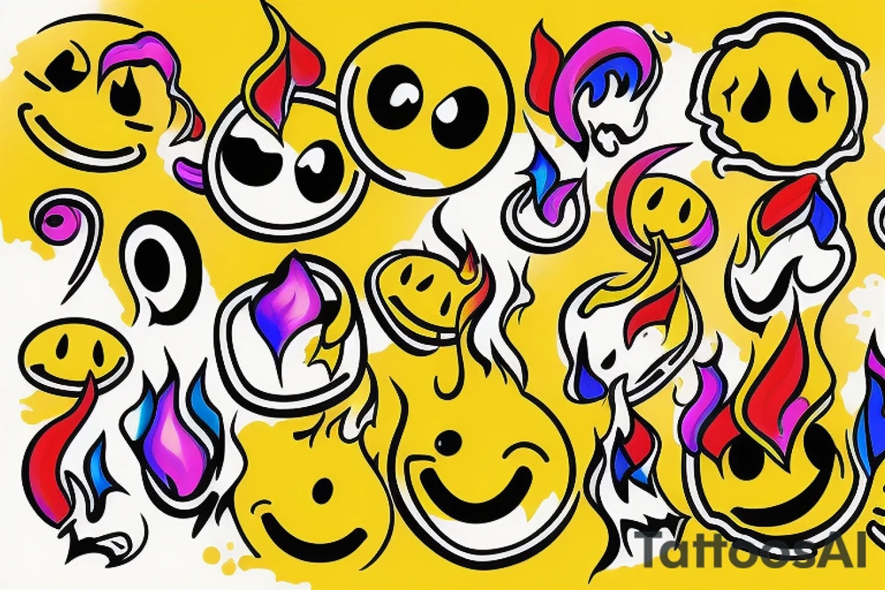 yellow smiley face melting in colorful fire tattoo idea