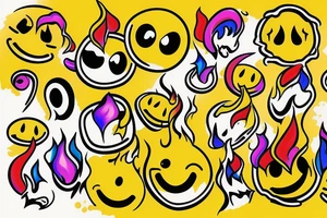 yellow smiley face melting in colorful fire tattoo idea