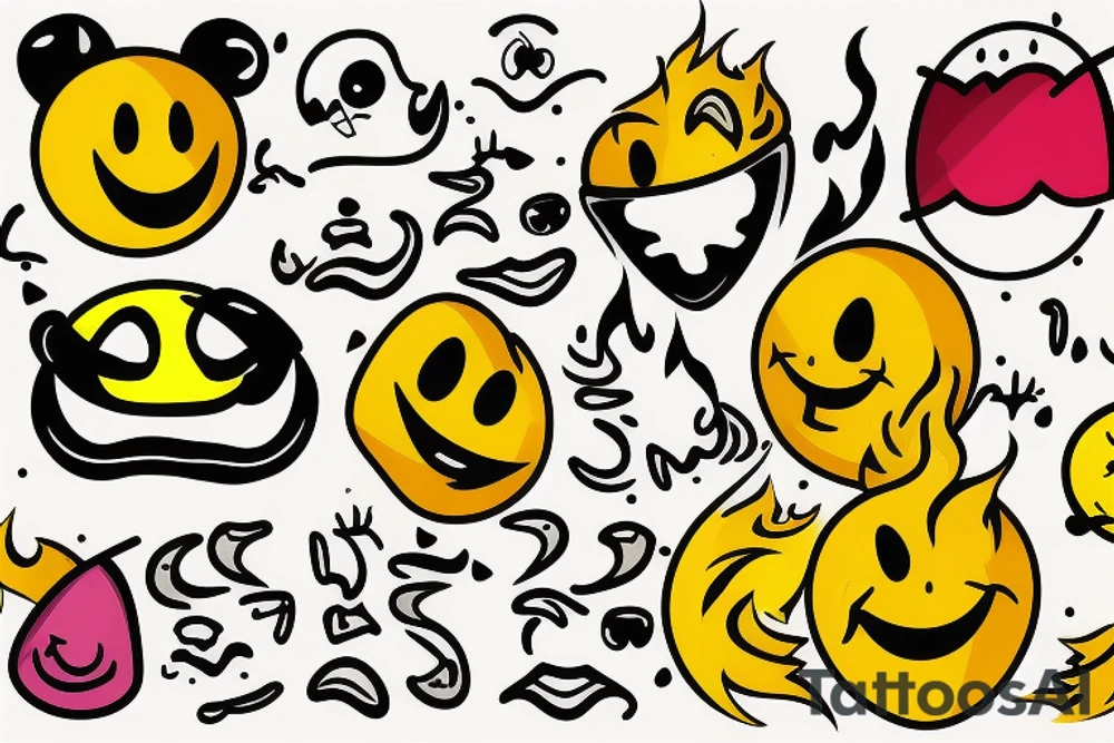 yellow smiley face melting in colorful fire tattoo idea