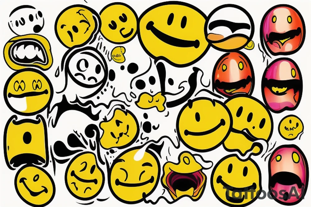 yellow smiley face melting in colofrul fire tattoo idea