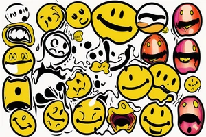 yellow smiley face melting in colofrul fire tattoo idea