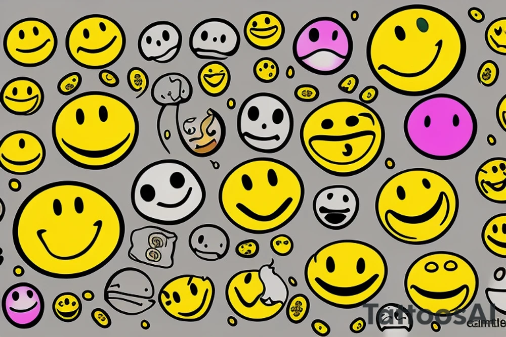 yellow smiley face melting in colofrul fire tattoo idea
