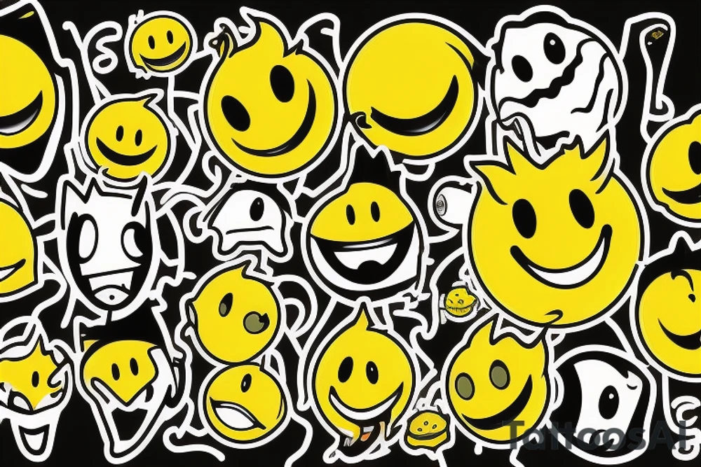 yellow smiley face melting in colofrul fire tattoo idea