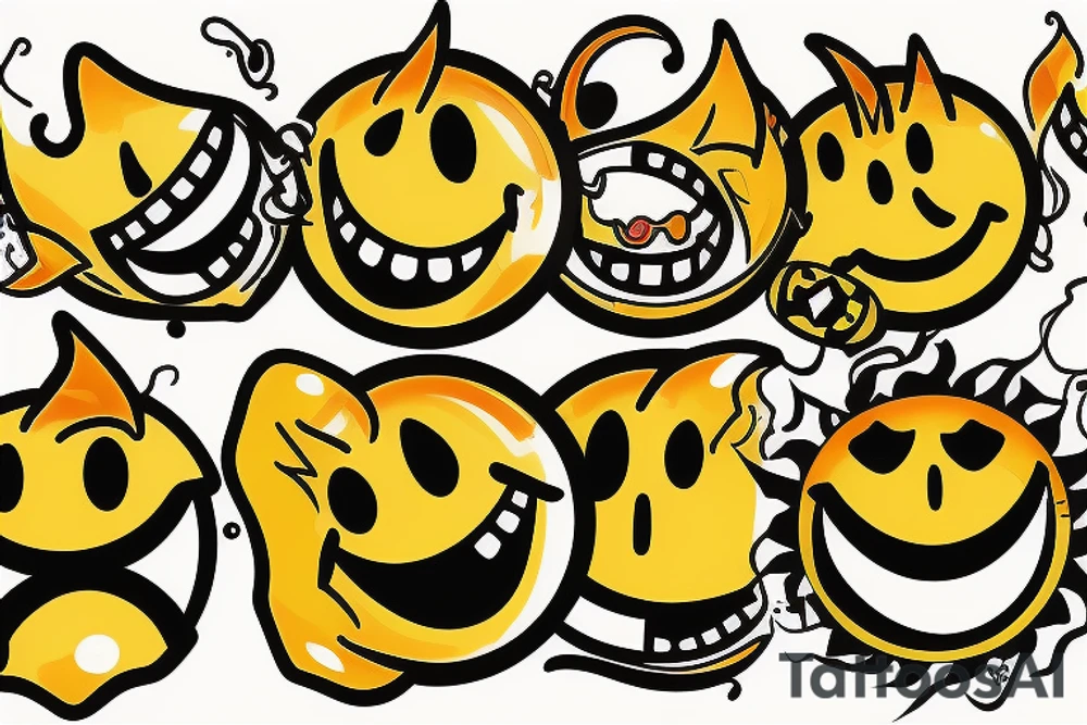 yellow smiley face melting in colofrul fire tattoo idea