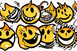 yellow smiley face melting in colofrul fire tattoo idea