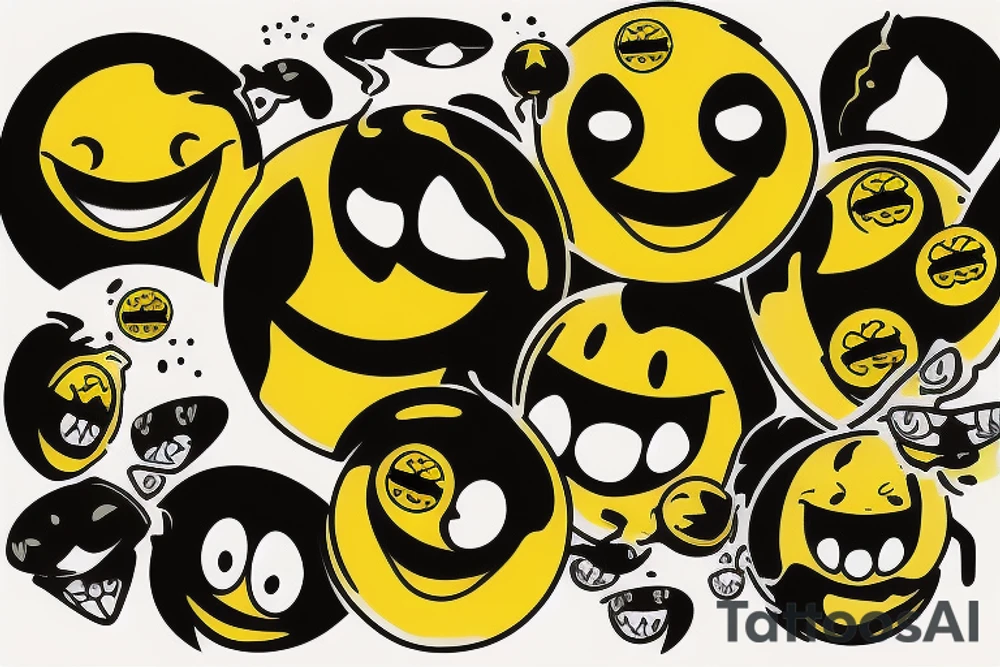 yellow smiley face melting in colofrul fire tattoo idea
