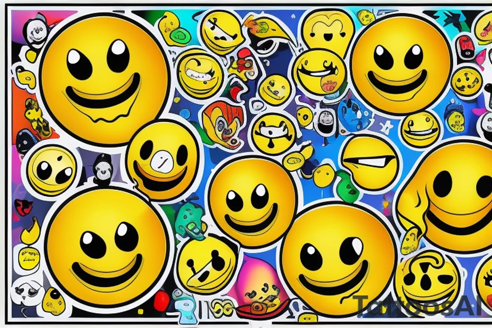 yellow smiley face melting in colofrul fire tattoo idea