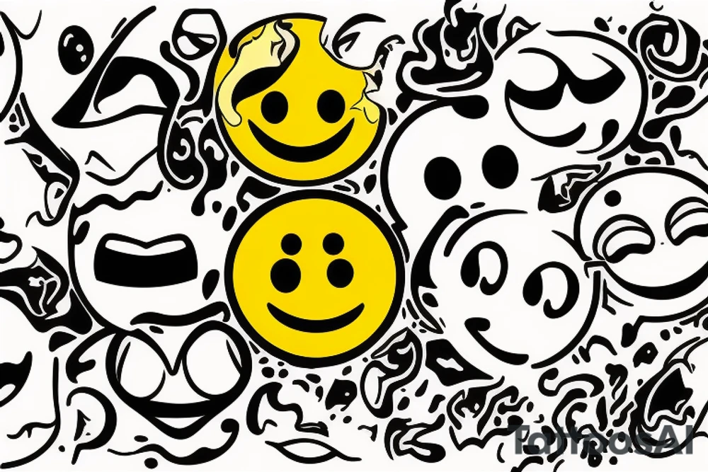 yellow smiley face melting in colofrul fire tattoo idea