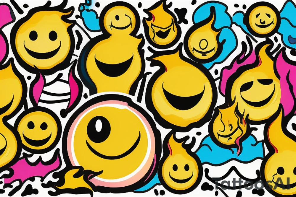 yellow smiley face melting in colorful fire tattoo idea