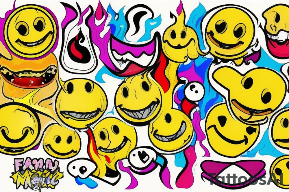 yellow smiley face melting in colorful fire tattoo idea