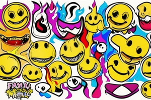yellow smiley face melting in colorful fire tattoo idea
