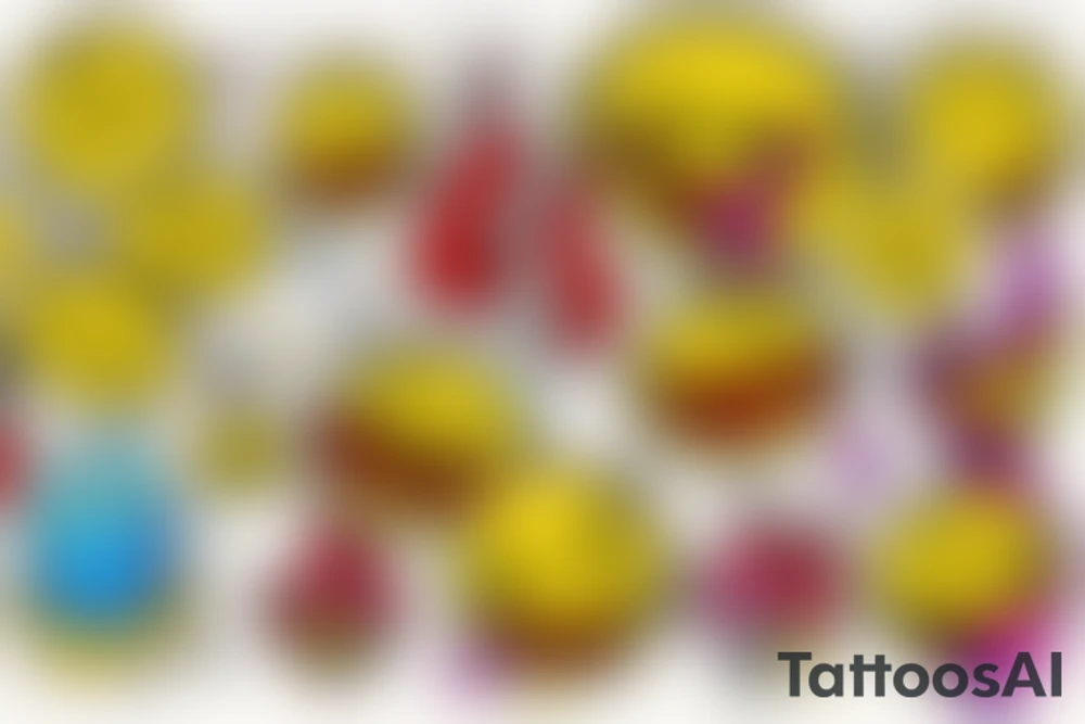 yellow smiley face melting in colorful fire tattoo idea