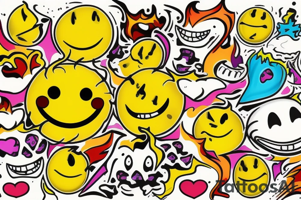 yellow smiley face melting in colorful fire tattoo idea