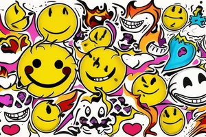 yellow smiley face melting in colorful fire tattoo idea