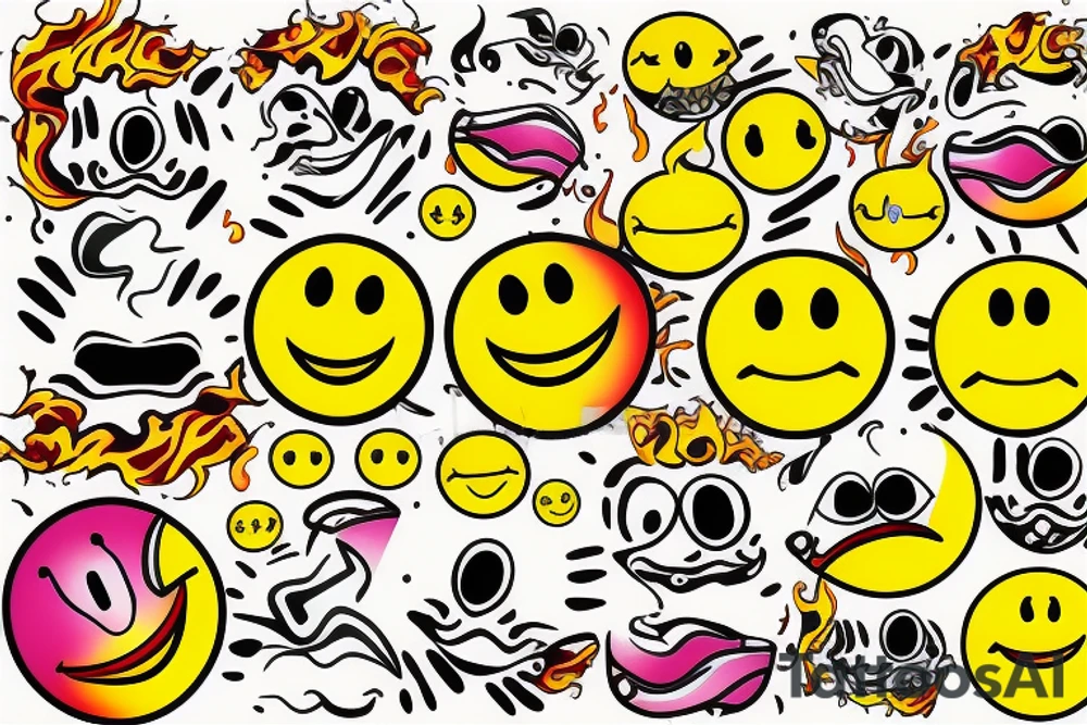 one yellow smiley face melting in colorful fire tattoo idea
