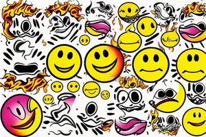 one yellow smiley face melting in colorful fire tattoo idea